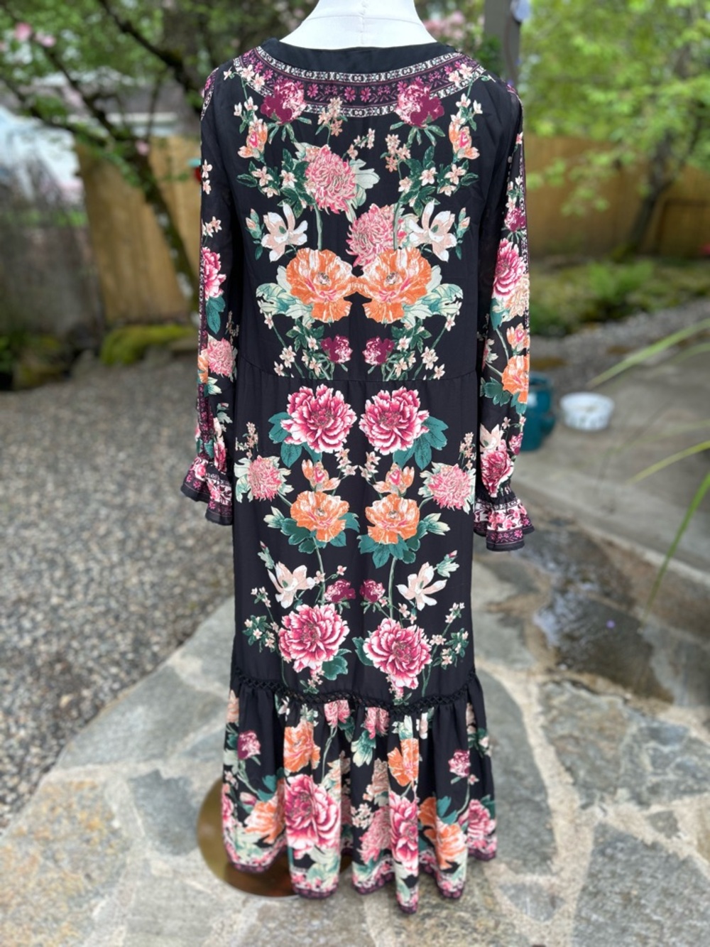 Altar'd State Black Floral V-Neck Maxi Dress with Pink & Peach Roses - Size S - Picture 6 of 8